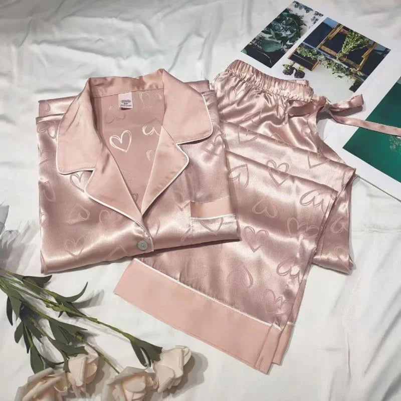 Ensemble de pyjama en satin pour femme - Haut à manches longues et pantalon, couleur unie, imprimé cœur, cardigan, vêtements de nuit pour fille