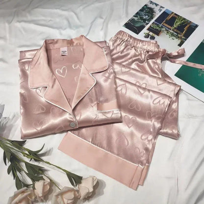 Ensemble de pyjama en satin pour femme - Haut à manches longues et pantalon, couleur unie, imprimé cœur, cardigan, vêtements de nuit pour fille