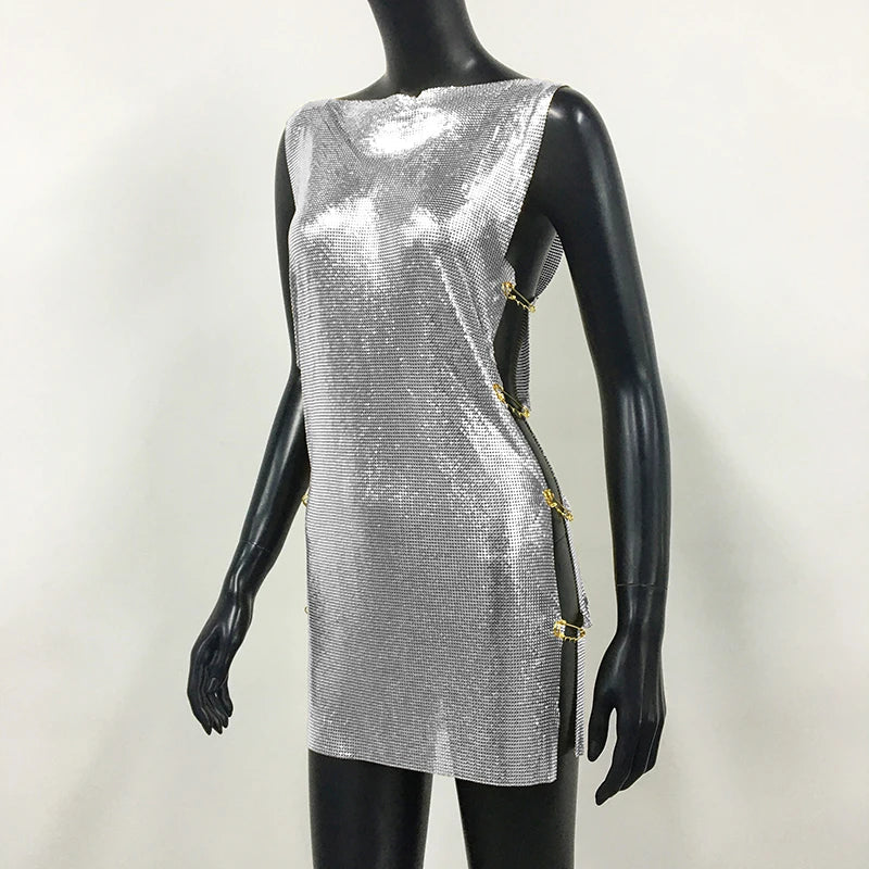 Shiny Y2k Metallic Sequins Mini Dresses For Women Sleeveless Backless Sexy Low Cut See Through Sexy Solid Clubwear Party Dress