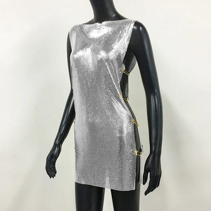 Shiny Y2k Metallic Sequins Mini Dresses For Women Sleeveless Backless Sexy Low Cut See Through Sexy Solid Clubwear Party Dress