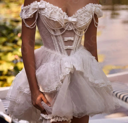 Customized Vintage Two Pieces Ball Gown Wedding Dresses Off Shoulder High Low Bridal Gown with Detachable Train Bride Dress Lace