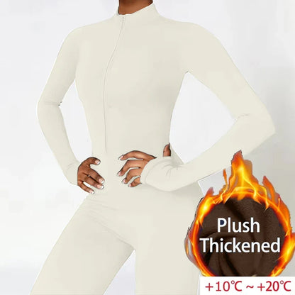 Combinaisons de sport chaudes en peluche pour femmes, survêtement une pièce, Fitness, ensembles de gymnastique d'hiver, manches longues, body d'exercice noir pour femme