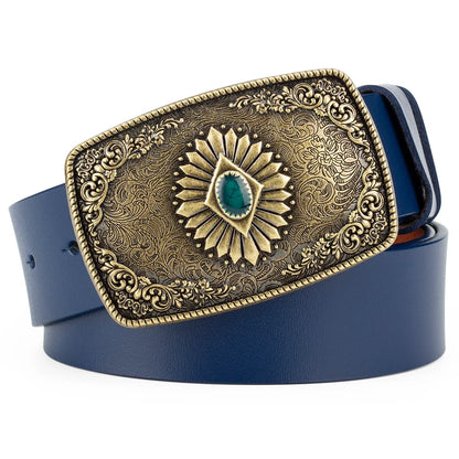 Ceinture classique en cuir véritable avec boucle émail saphir et motif floral sculpté en argent pour femmes et hommes, cadeau