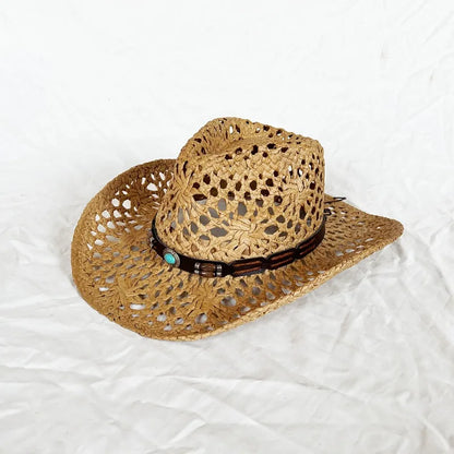 Ethnic Style Western Cowboy Straw Hats Women Handmade Hollowed Sun Hats Shapeable Beach Hat Panama with Detachable Chin Strap
