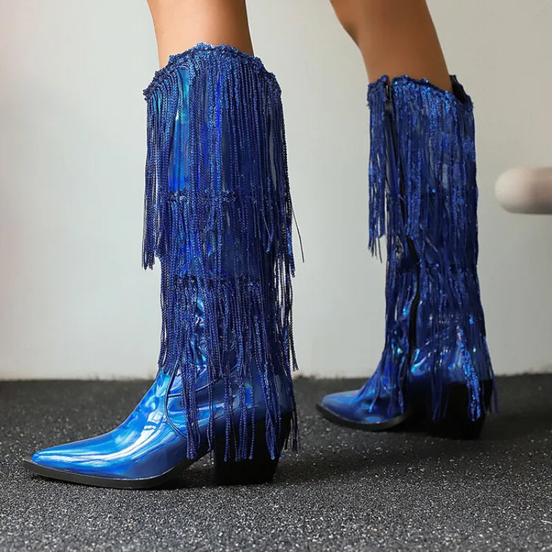 Bottes western à sequins et pompons, noires et argentées, courtes, en peluche, automne/hiver, talon de 6,5 cm, style bohème, hauteur genou, pointures 36 a 46.