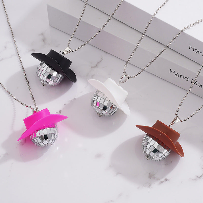 1Pcs Pink Cowgirl Cowboy Hat Disco Ball Neckalace 80s Silver Mirror Balls Pendant for Wedding Birthday Party Favors Decoration
