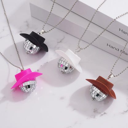 1Pcs Pink Cowgirl Cowboy Hat Disco Ball Neckalace 80s Silver Mirror Balls Pendant for Wedding Birthday Party Favors Decoration