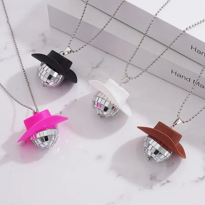 1Pcs Pink Cowgirl Cowboy Hat Disco Ball Neckalace 80s Silver Mirror Balls Pendant for Wedding Birthday Party Favors Decoration