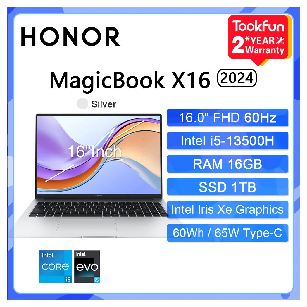HONOR Laptop MagicBook X16 Pro 2024 BRN-H56 16"Inch FHD Intel Core i5-13500H AMD Ryzen R5 7640HS Computer PC Notebook Ultrabook