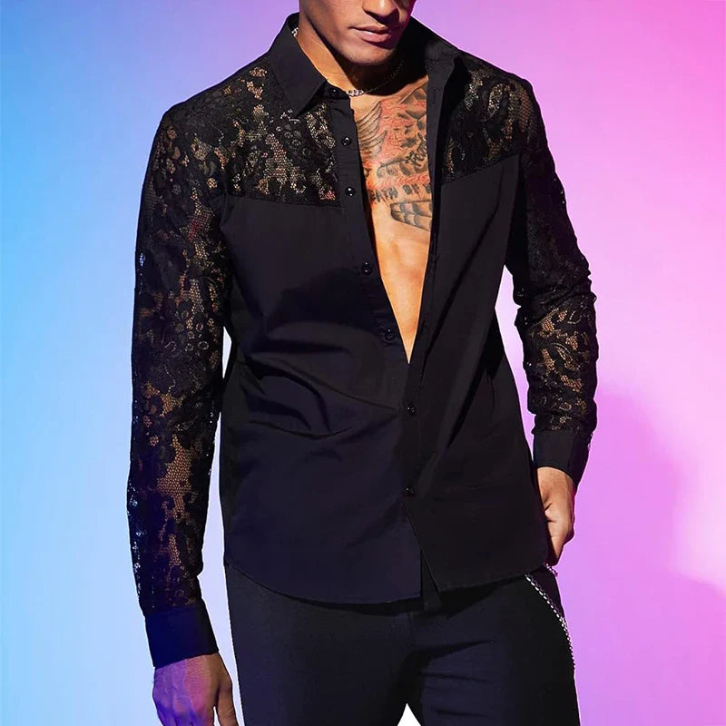 Chemise en dentelle brodée à manches longues pour hommes, cardigans à revers boutonnés, chemises transparentes sexy, mode printemps et automne