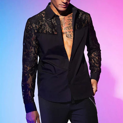 Chemise en dentelle brodée à manches longues pour hommes, cardigans à revers boutonnés, chemises transparentes sexy, mode printemps et automne