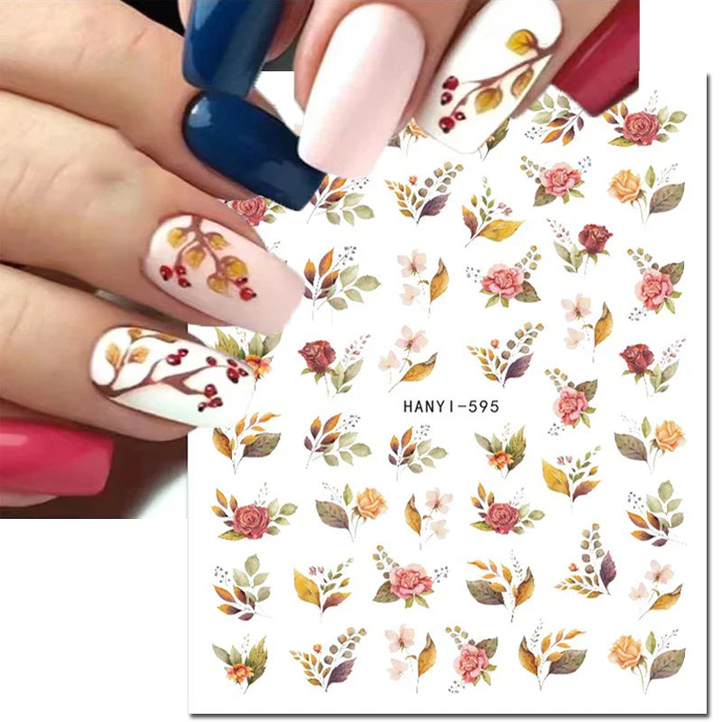 Autocollants 3D pour ongles Hiver Automne Feuilles dorées Roses Rouges Fleurs Décalcomanies pour la décoration des ongles Salon de manucure Beauté