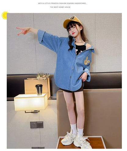 Chemisiers en Denim de Cowgirl de haute couture avec imprimé de lapin pour adolescente, chemise en Denim ample et décontractée à manches longues pour enfants