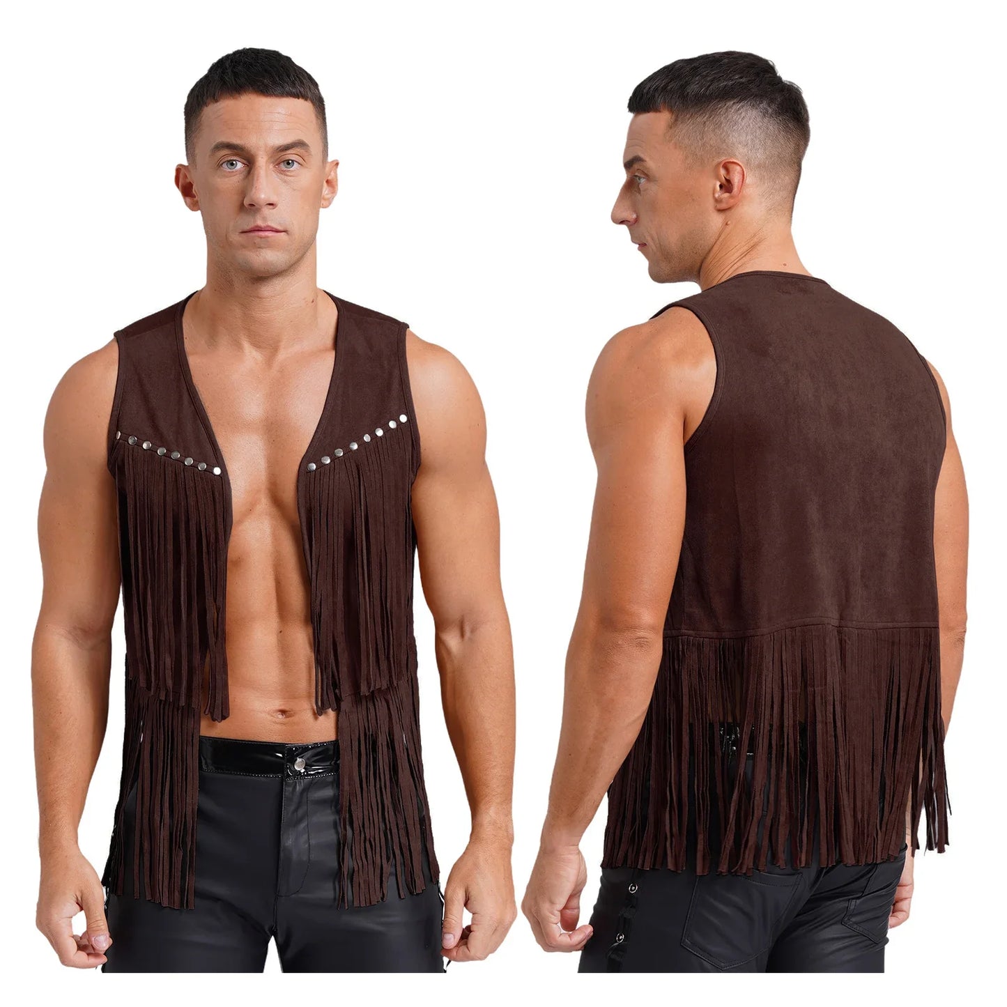 Men Halloween Western Cowboy Cosplay Costume Faux Suede Tassel Rivets Vest Waistcoat Motorcycling Rave Party Nightclub Outerwear