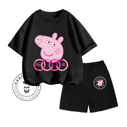 Peppa Pig-themed Animated Cartoon Print Design O-neck Sweet Short Sleeves and Simple Shorts for Boys and Girls Summer Suit