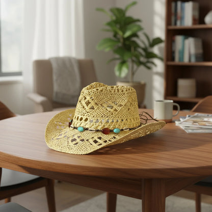 Chapeaux de cow-girl pour femmes et hommes, chapeau occidental d'été en plein air, chapeau de paille à large bord avec bande perlée