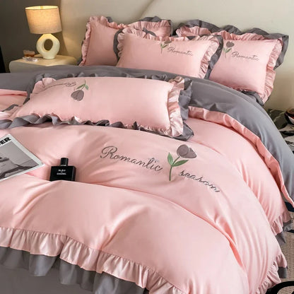 Elegance French Style Bedding Set Duvet Cover Set High Quality  2024 New Lace Princess Embroidery Double Layer Edge King Queen