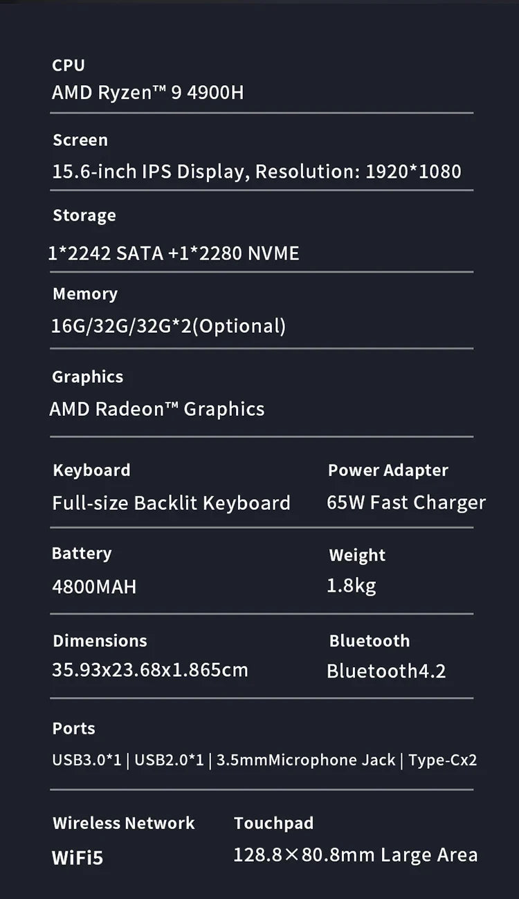 Genmachine Laptop AMD Ryzen™ 9 4900H 15.6 Inch LPDDR4 RAM M.2 NVME SSD Business Gaming Laptop Computer Notebook Radeon Graphics
