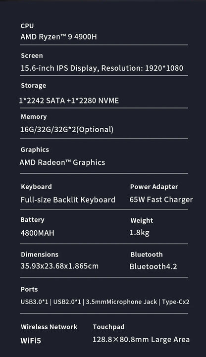 Genmachine Laptop AMD Ryzen™ 9 4900H 15.6 Inch LPDDR4 RAM M.2 NVME SSD Business Gaming Laptop Computer Notebook Radeon Graphics