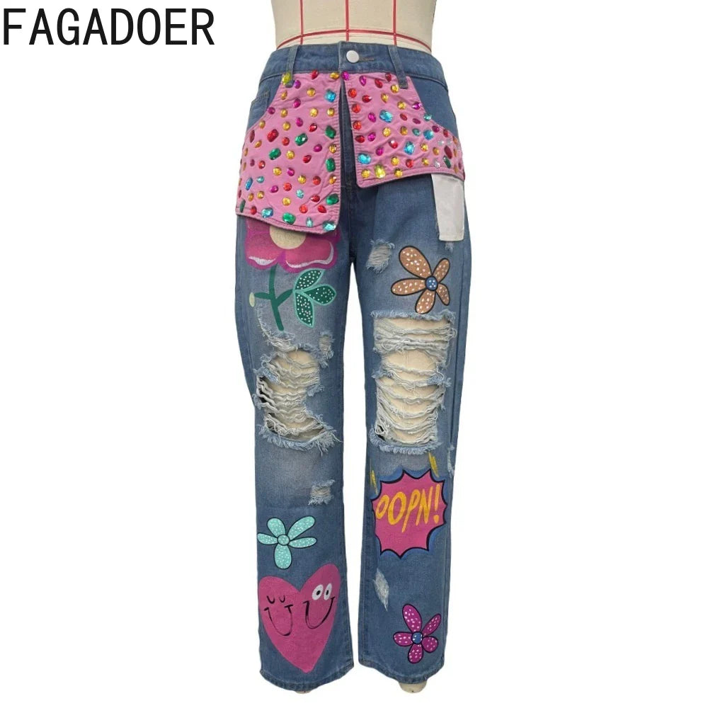 FAGADOER Jean ample à imprimé et couture diamant avec trous pour femme, taille haute, bouton, poche, en denim, pantalon décontracté, streetwear féminin