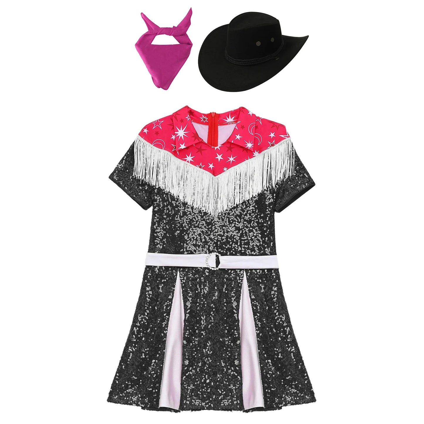 Déguisement de cow-girl pour enfants filles, robe à franges et paillettes avec chapeau de cowboy et bandana, tenue de fête de carnaval d'Halloween