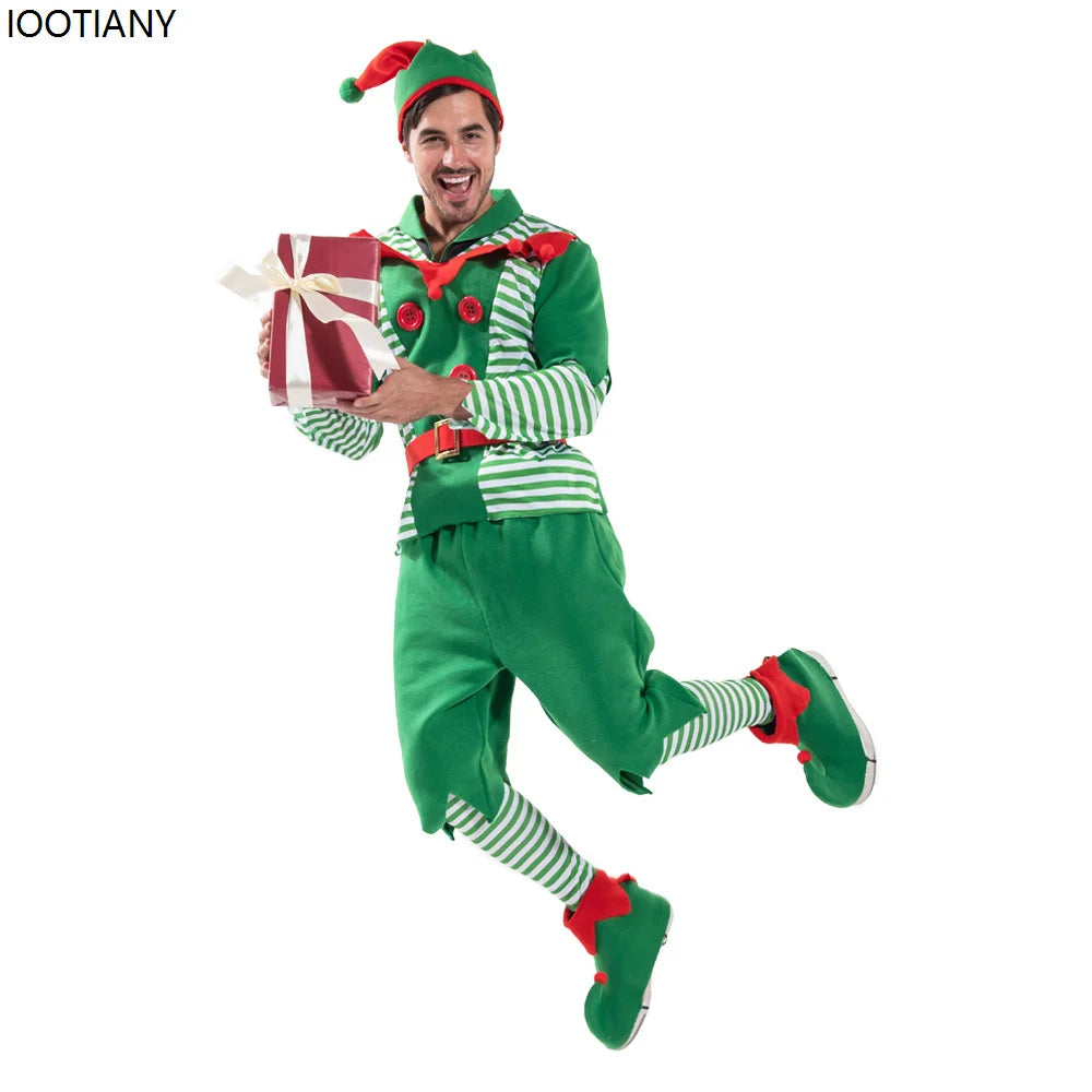 Christmas Outfits Men Striped Christmas Elf Cosplay Costume Xmas Performance Dress Up Festival Party Stage Fancy Dress New