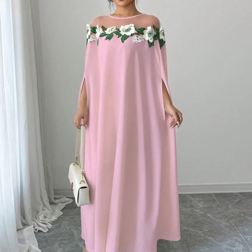 Robe longue de soirée élégante, à la mode, Chic, décoration florale, couleur unie, tempérament de printemps, robe longue ample