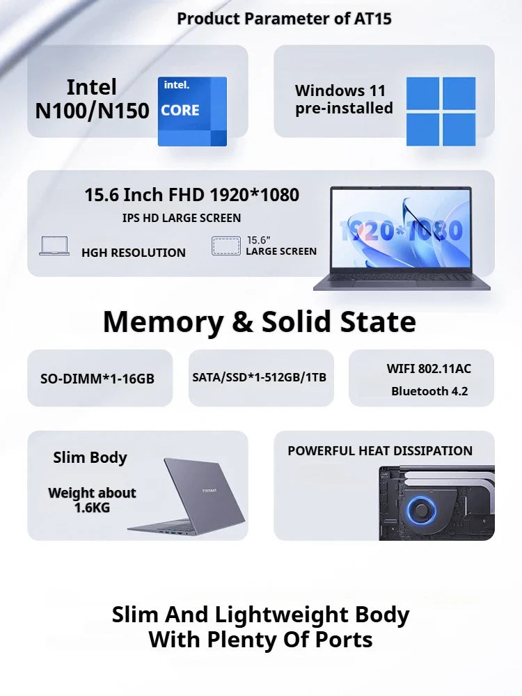 FIREBAT AT15 Ordinateur portable 15,6 pouces Intel N100/N150 16 Go RAM 512 Go SSD Ordinateurs portables de bureau et d'entreprise