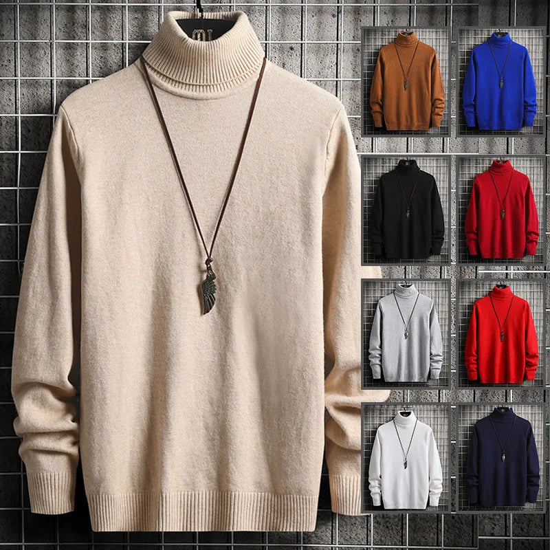 Pulls Hommes Chandails Tricotés Col Roulé Couleur Unie Épaisse Décontractée Manches Longues Haut Tricoté Épissé Pull Coupe Slim Automne Hiver