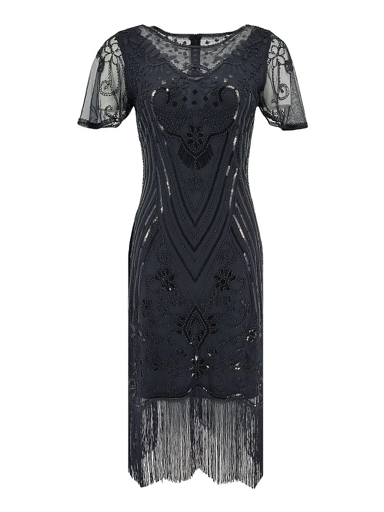 Flapper Dresses 1920s Gatsby Roaring 20s Sequin Beaded Fringe Dress Crew Neck See-through Themed Party Club Dress