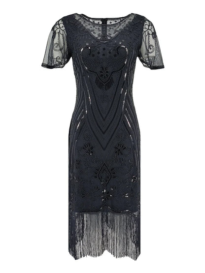 Flapper Dresses 1920s Gatsby Roaring 20s Sequin Beaded Fringe Dress Crew Neck See-through Themed Party Club Dress