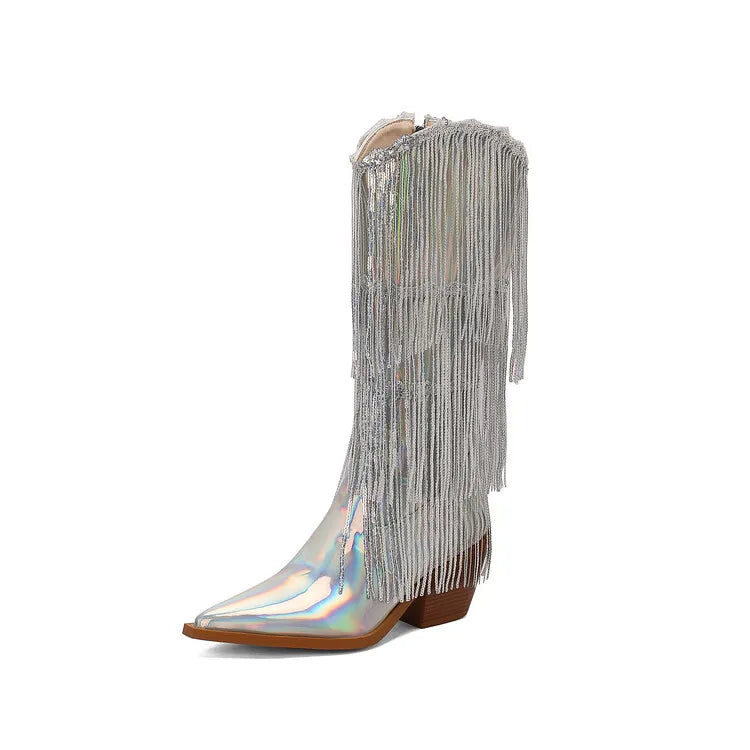 Bottes western à sequins et pompons, noires et argentées, courtes, en peluche, automne/hiver, talon de 6,5 cm, style bohème, hauteur genou, pointures 36 a 46.