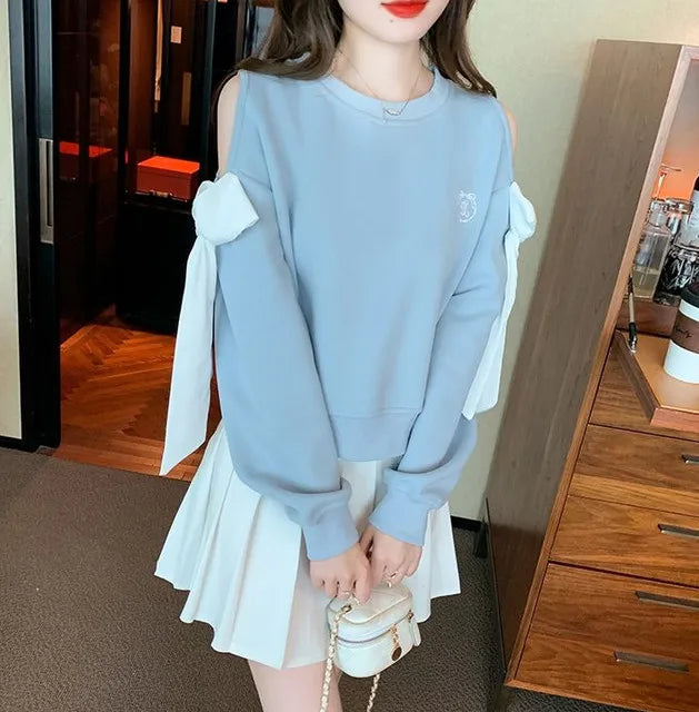 Sweat-shirt à épaules dénudées pour femmes, mode Harajuku, vêtements pour jeunes, Sport essentiel, nouveau, basique, bleu, hauts pull pour femmes