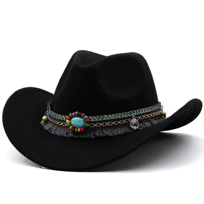 Western Cowboy Wool Hat with Pompom, Montana Sombrero Belt for Men and Women, Cowgirl, Solid Color, Jazz, Stylish Hollow Design for Lady