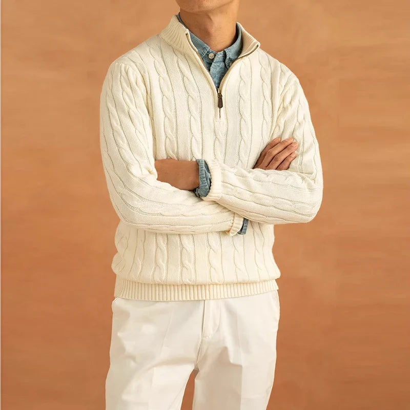 Men's Luxury Leisure Knit Mock Turtleneck Zipper Pullover Sweater Streetwear Retro Solid Long Sleeve Popular Jacquarded Knitwear