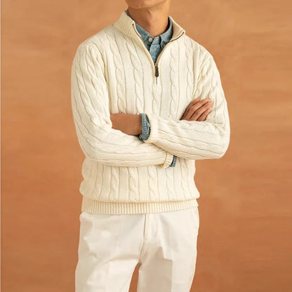 Men's Luxury Leisure Knit Mock Turtleneck Zipper Pullover Sweater Streetwear Retro Solid Long Sleeve Popular Jacquarded Knitwear