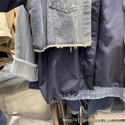 Women Patchwork Denim Bomber Jacket Spring Autumn Fake Two Piece Loose Drawstring Waist Patchwork Jean Coat Cowboy Cardigan Tops