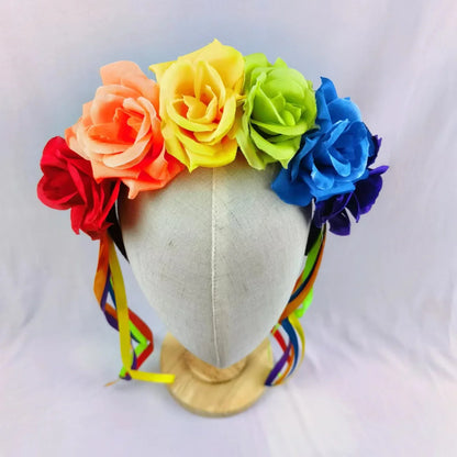 Simulation Rose Headband with Rainbow Ribbon Carnival Hair Accessories Festival Decorative Hairband Party Supplies Cosplay Props