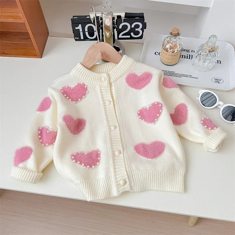 Children's Pink Heart Pearl Color Matching Knitted Cute Casual Sweater Cardigan Girl Spring and Autumn Jacket