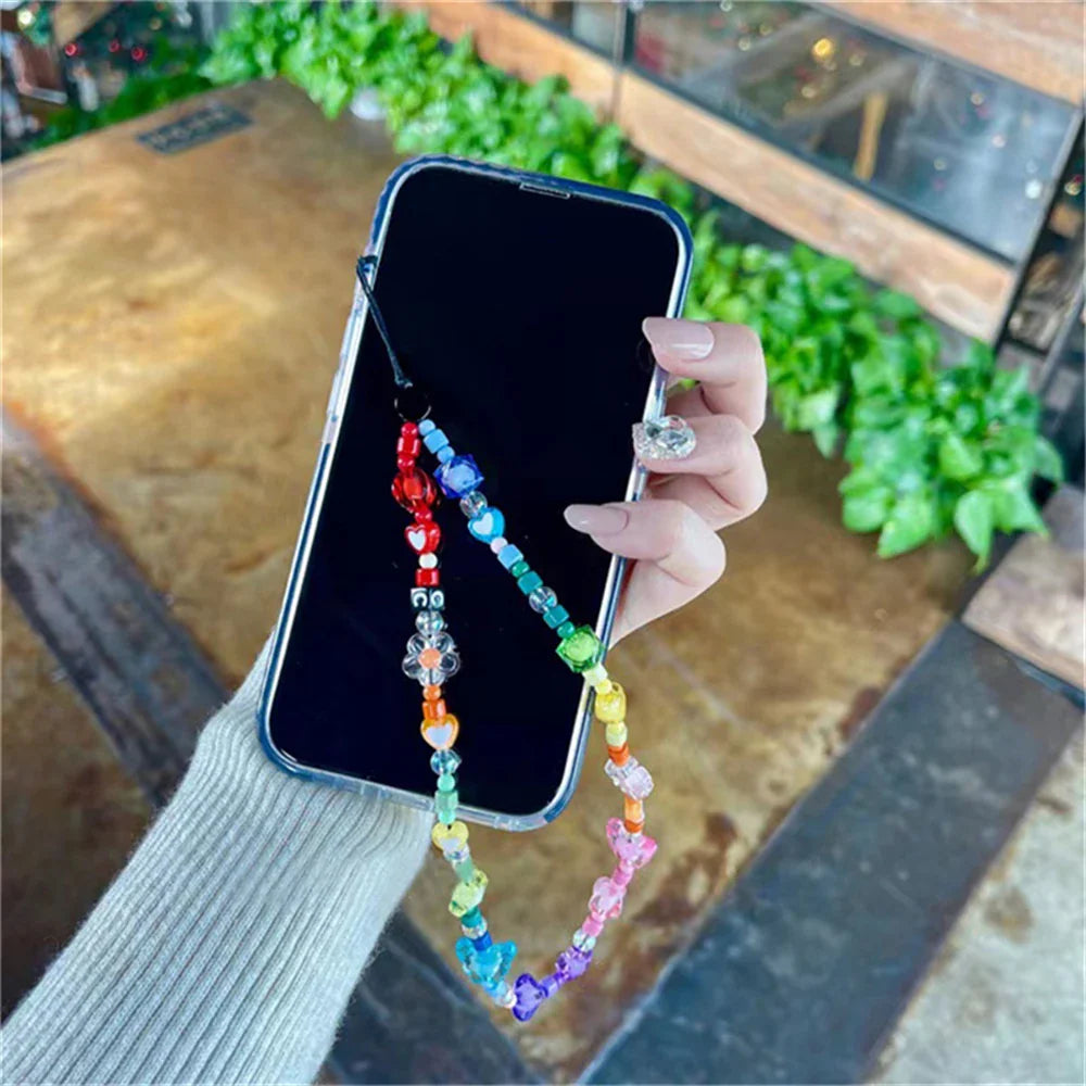 Korean Cute Heart Beaded Phone Charm Strap Chain Lanyard Women Girl Jewelry Butterfly Phone Beads Pendant Decoration Wholesale