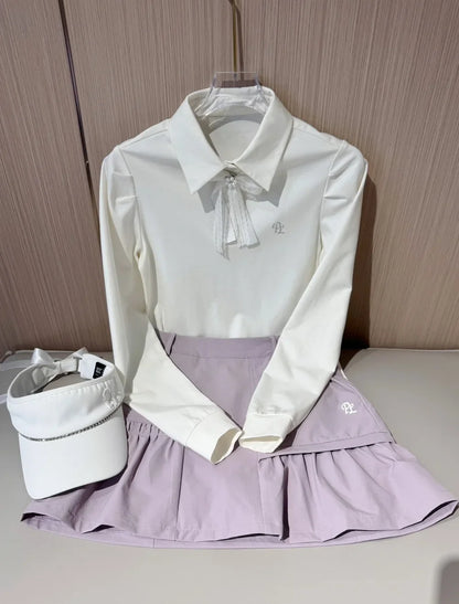 PL Golf Women New Autumn Top Puff Long Sleeve Polo Shirts Elegant Korean Style T-shirts Lady Pleated Golf Cargo Skirt with Short