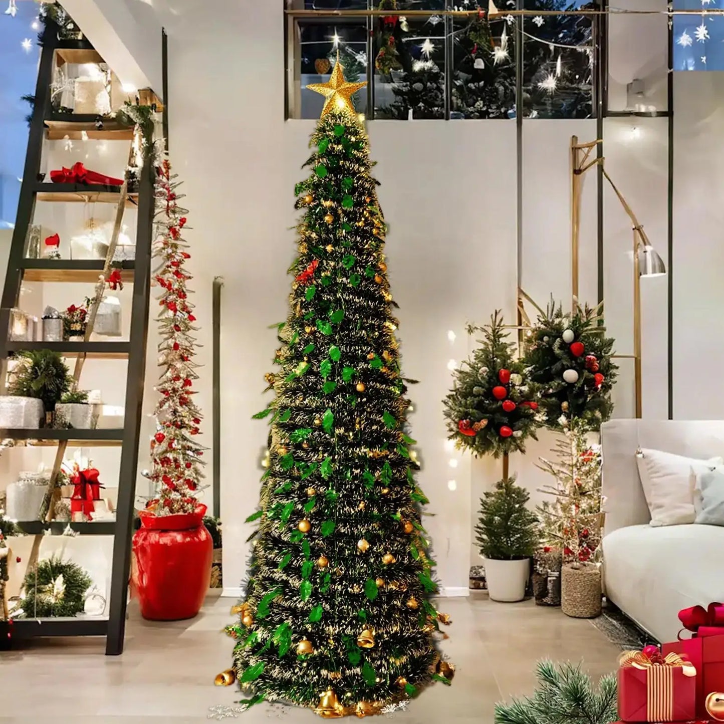 Christmas Tree Small 5 Ft Backyard Festival Decor Foldable Faux Christmas Tree for Indoor Outdoor for Patio Kitchen Party