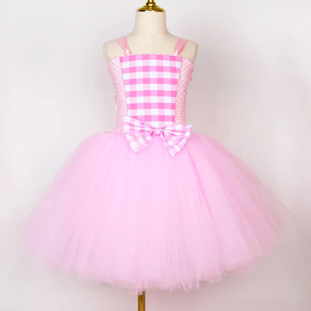 Movie Barbi Costume for Girls Margot Robbie Pink Plaid Tulle Tutu Dress Kids Halloween Birthday Party Princess Dress Up Clothes