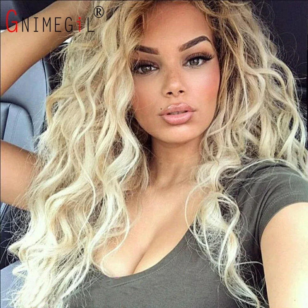 Perruque blonde bouclée cheveux synthétiques longs naturels perruques ondulées pour femmes blanches, raie libre, racines foncées, perruques ombrées, perruque ondulée tendance + autocollants