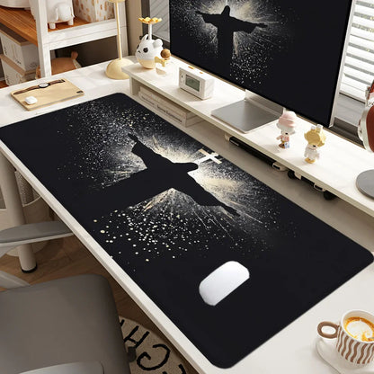 Jesus & Cross Mouse Pad Large Desk Accessories Desk Pad Rubber Base with Stitched Edge Mousepad Non-Slip Mousepad for Office