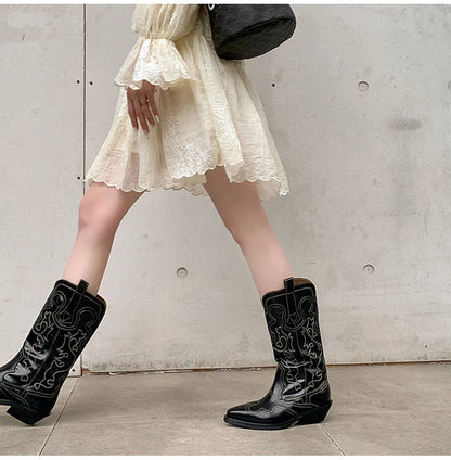 Bottes de cowboy Western Ods pour femmes en cuir véritable brodé, bout pointu, mi-mollet, style rétro, décontractées, de haute qualité