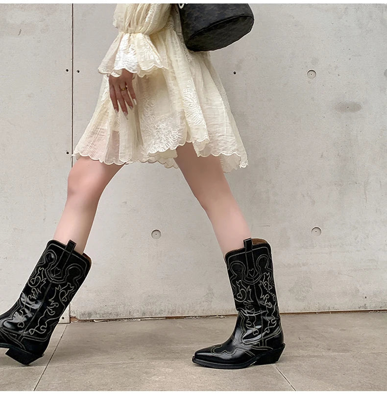 Ods Cowboy Western Boots For Women Real Leather Embroidered Pointed Toe Mid-calf Western Boot Retro Fashion Casual High Quality