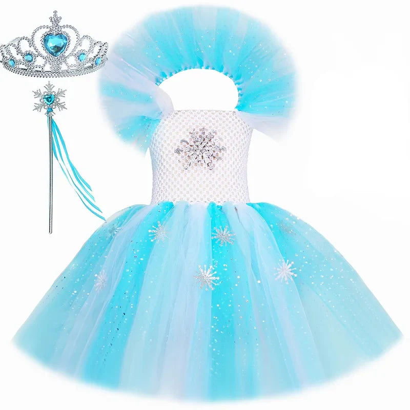 Elsa Costume for Girls Glitter Fancy Princess Dress Up Clothes Snowflake Tulle Tutu Dress Kids Halloween Birthday Dresses Outfit