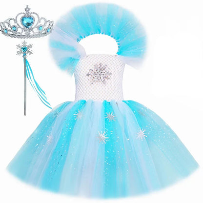 Elsa Costume for Girls Glitter Fancy Princess Dress Up Clothes Snowflake Tulle Tutu Dress Kids Halloween Birthday Dresses Outfit