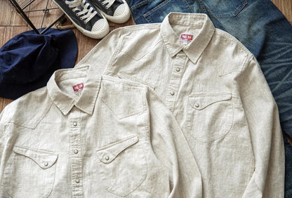Chemise en lin Western Sle pour homme, décontractée, à manches longues, de couleur unie, coupe ample, col classique, boutonnée, tendance, kaki